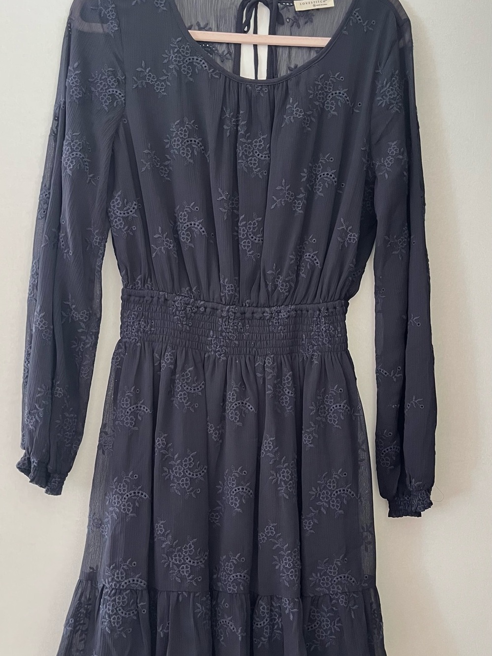 Long Sleeve Floral Smocked-Waist Dress navy